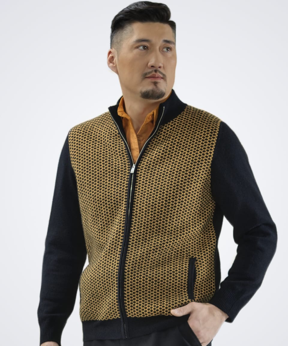 Man wearing a two-tone diamond patterned cardigan in brown, front