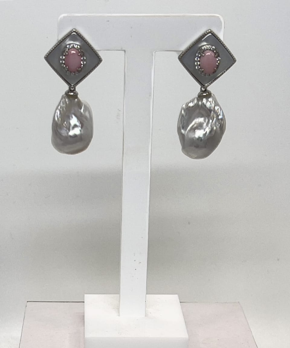 Unur Signature baroque pearl and pink coral drop earrings in silver