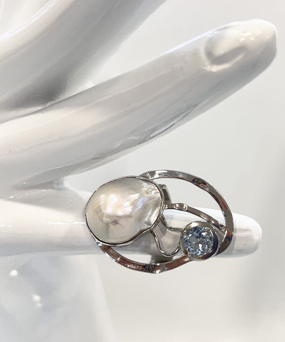 Signature baroque pearl and topaz statement ring in silver