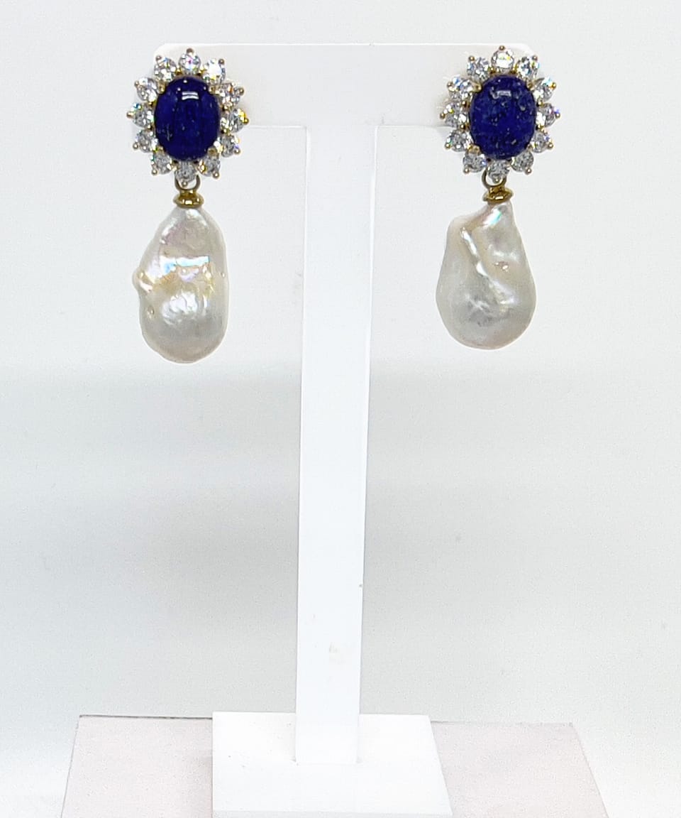 Signature baroque pearl drop earrings with lapis lazuli and crystal studs