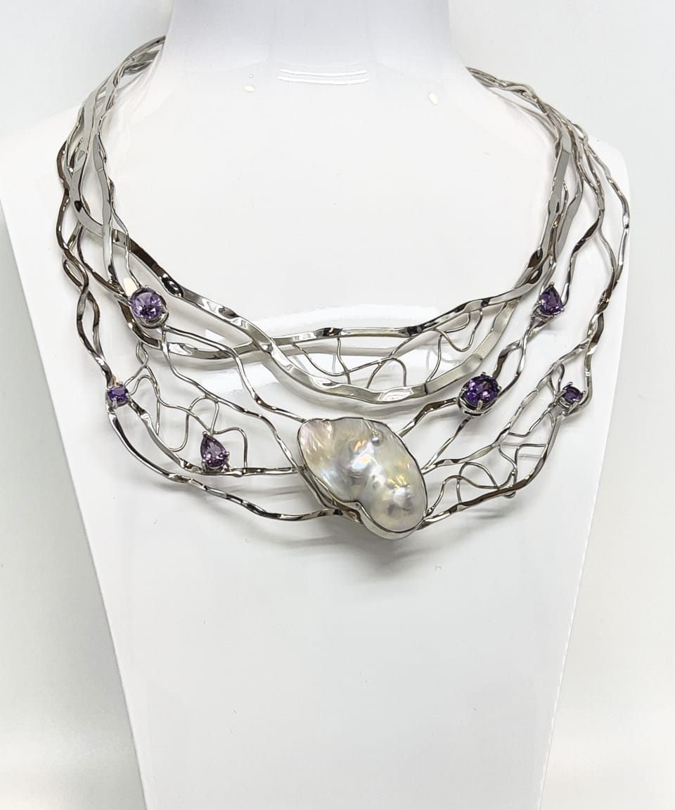 Signature baroque pearl torque collar necklace with amethysts