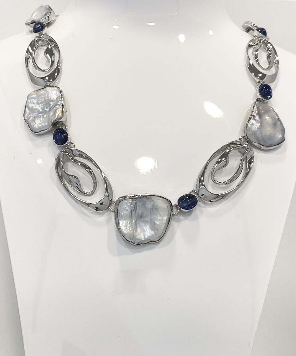 Signature keshi pearl and kyanite statement chain necklace with silver ovals