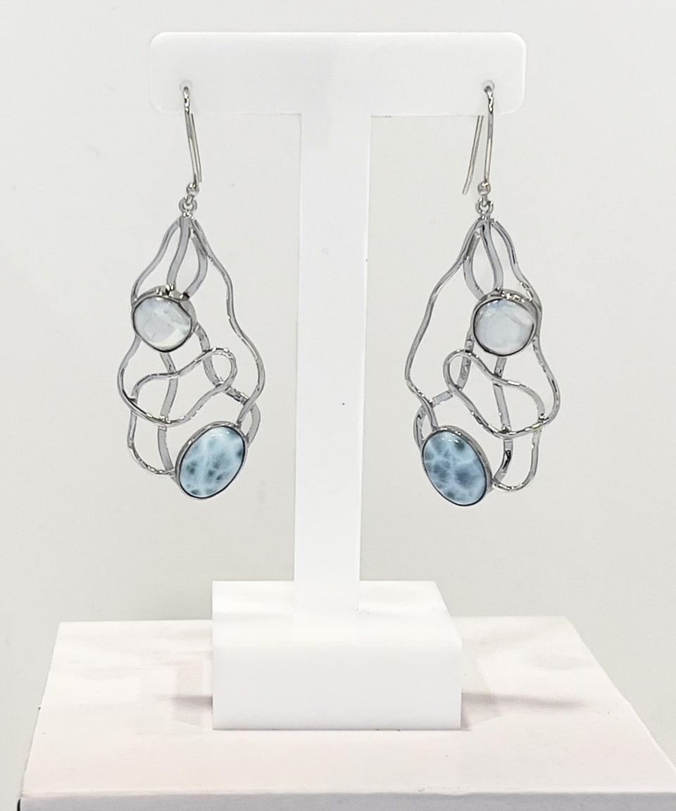 Signature keshi pearl and larimar drop earrings in a silver lattice setting
