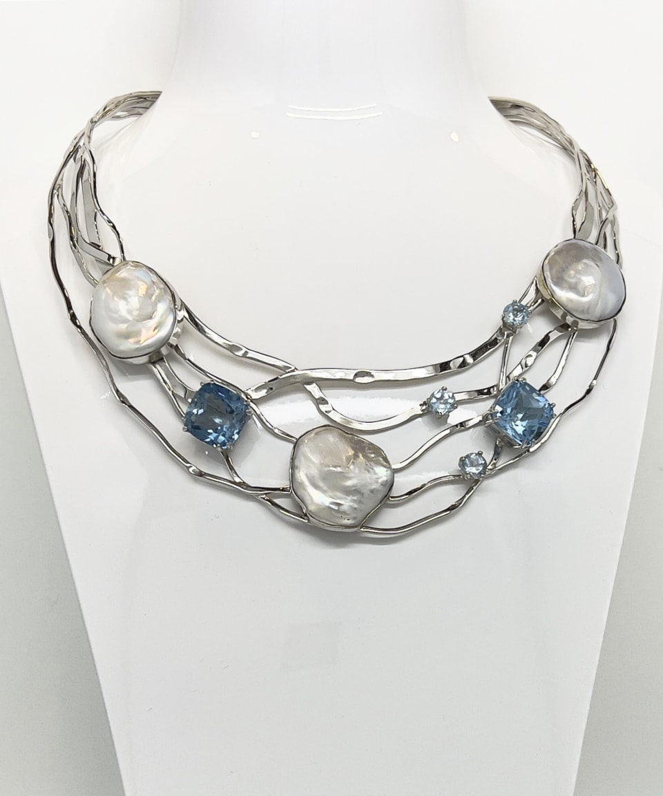 Signature keshi pearl and square topaz silver collar necklace