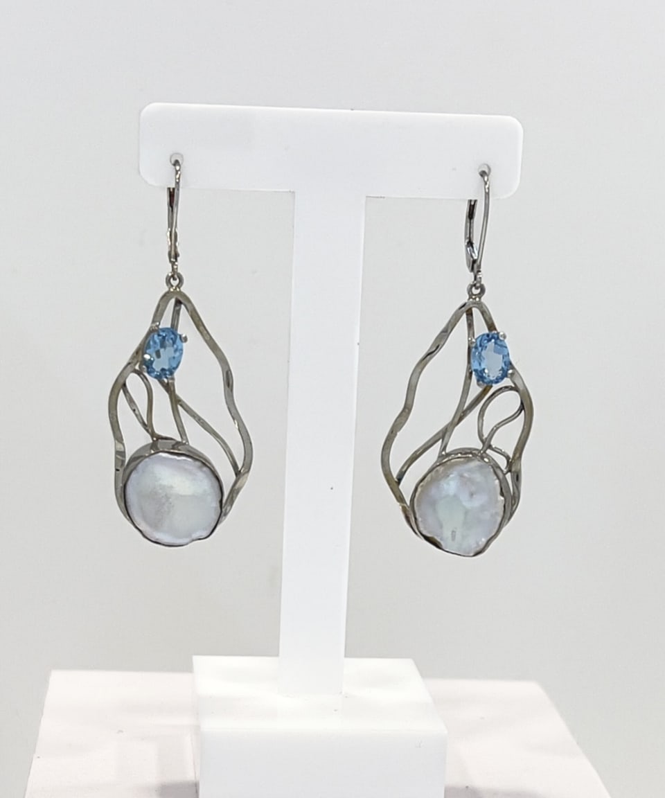 Signature keshi pearl and topaz drop earrings in rhodium-plated sterling silver with a lattice design