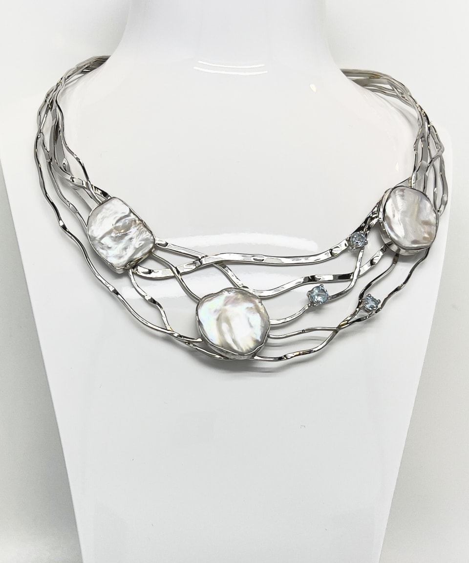 Signature keshi pearl and topaz silver lattice torque collar necklace