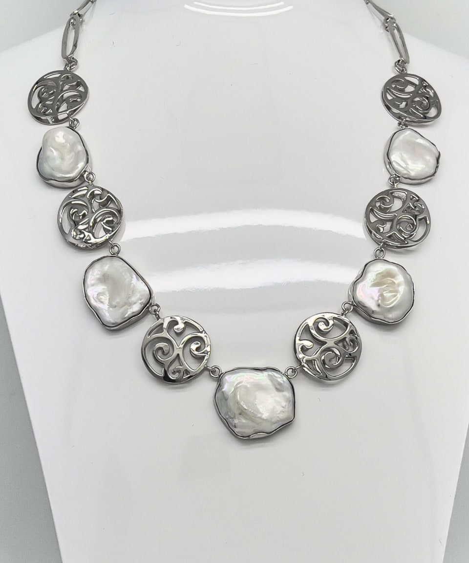 Signature keshi pearl statement chain necklace with silver round charms