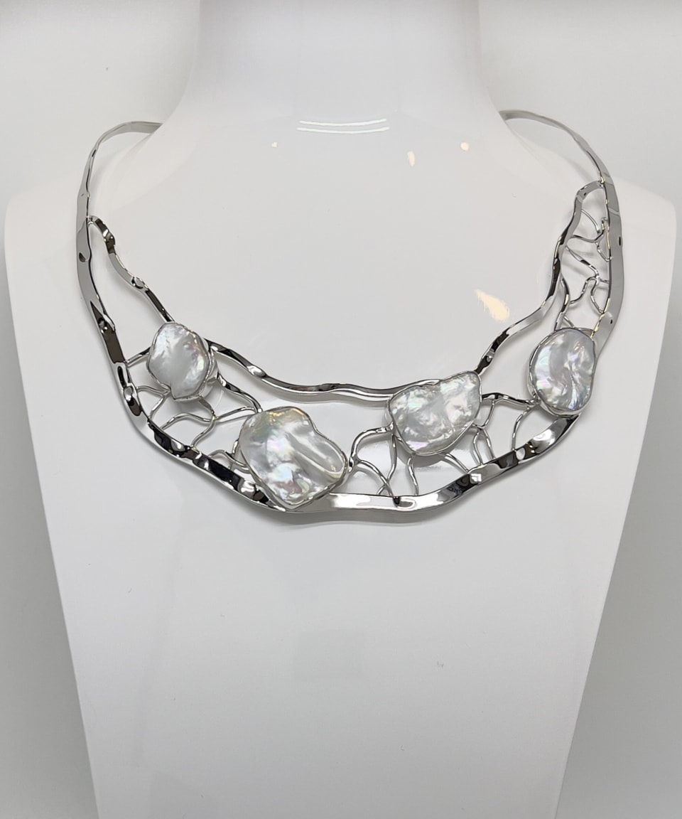 Signature keshi pearl torque collar necklace with silver lattice