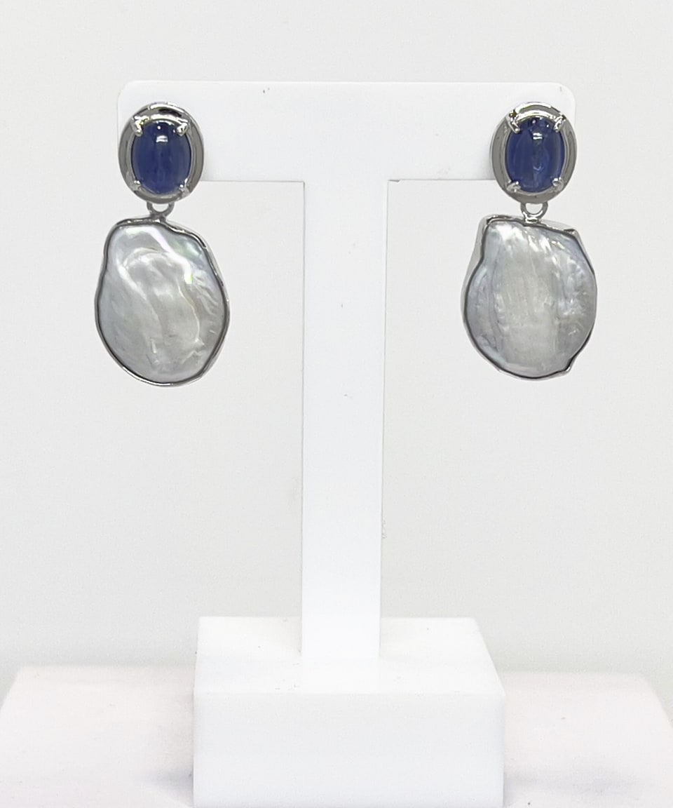Signature kyanite stud keshi pearl drop earrings in rhodium-plated sterling silver