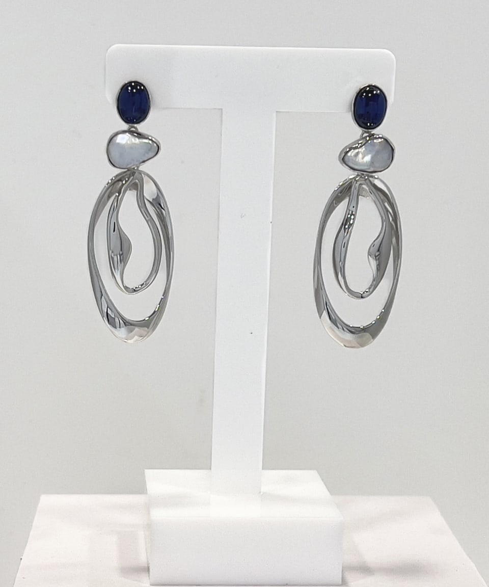 Signature kyanite stud keshi pearl drop earrings with silver oval