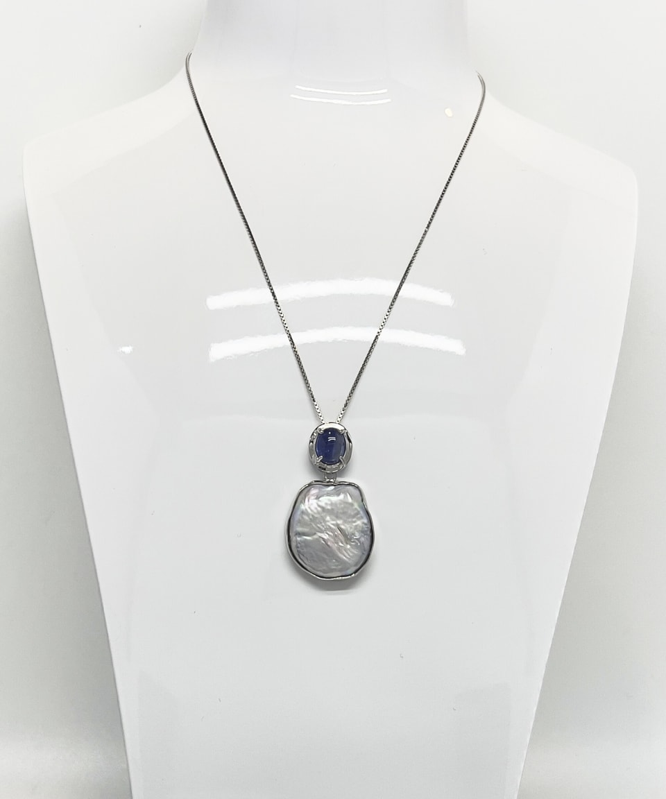 Signature sterling silver chain necklace with a kyanite and keshi pearl drop