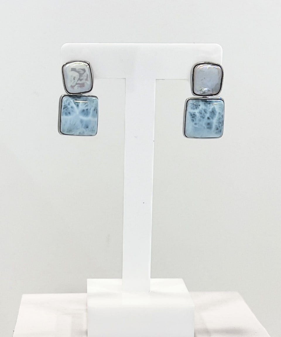 Signature square keshi pearl stud earrings with larimar drop