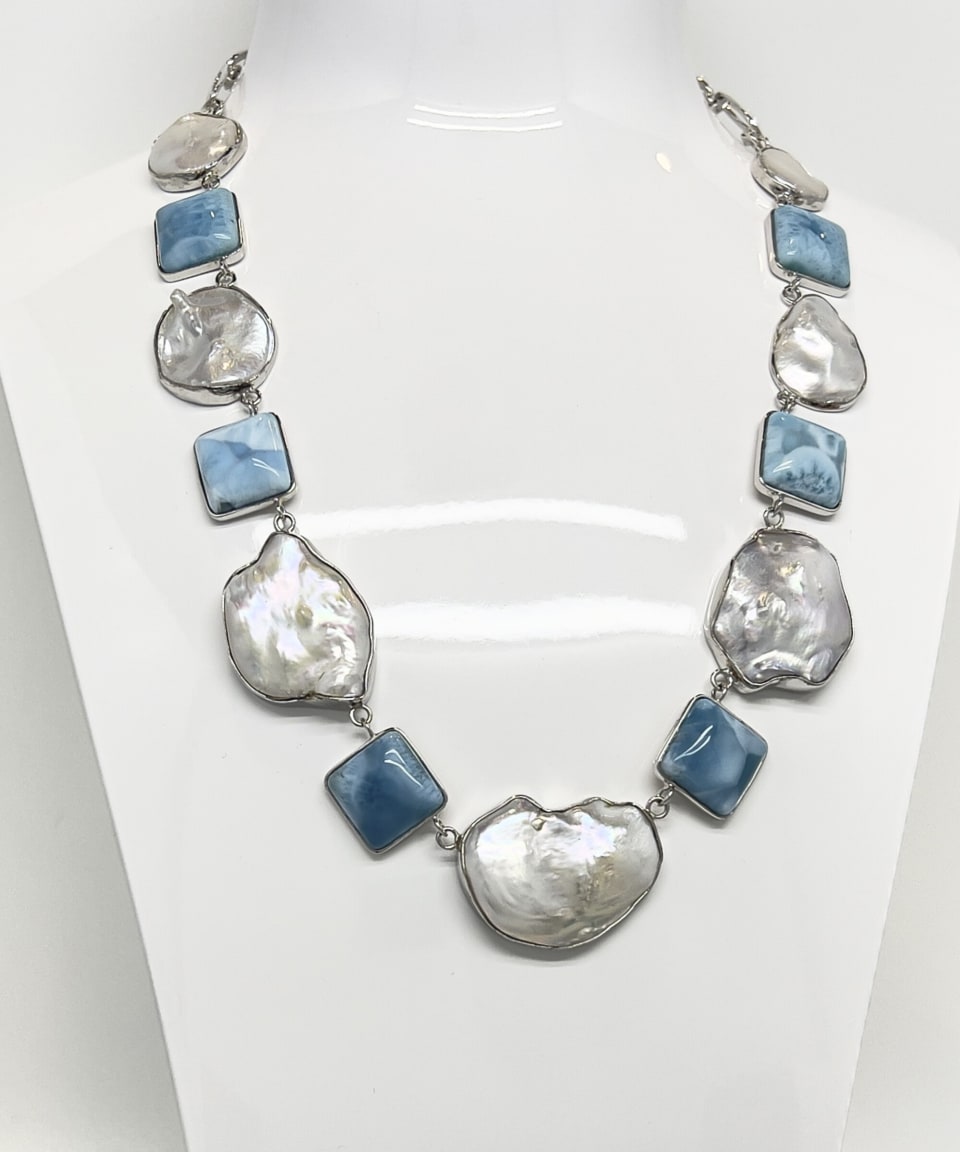 Signature statement chain necklace with keshi pearls and larimar