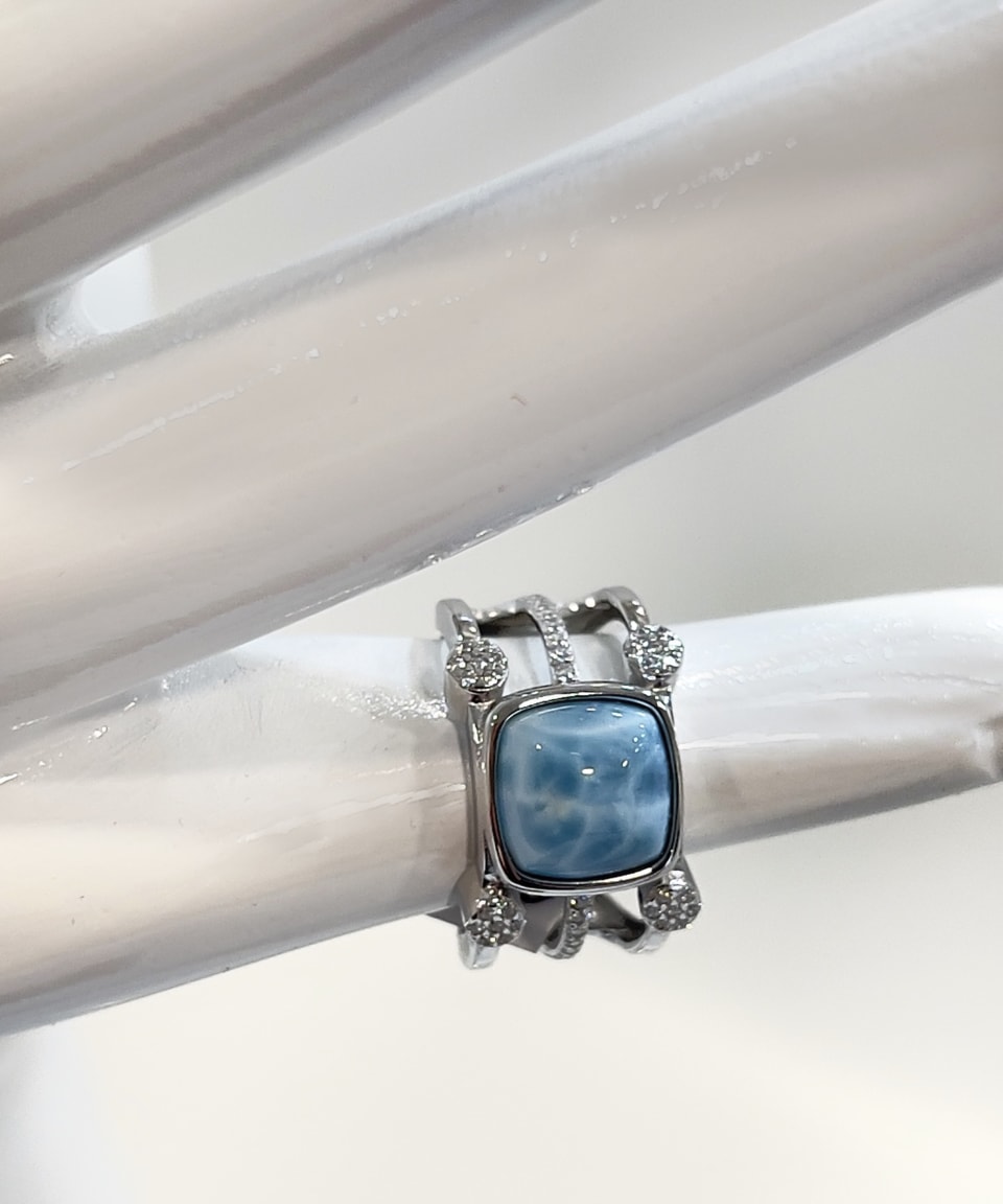 Square larimar statement ring with crystal accents