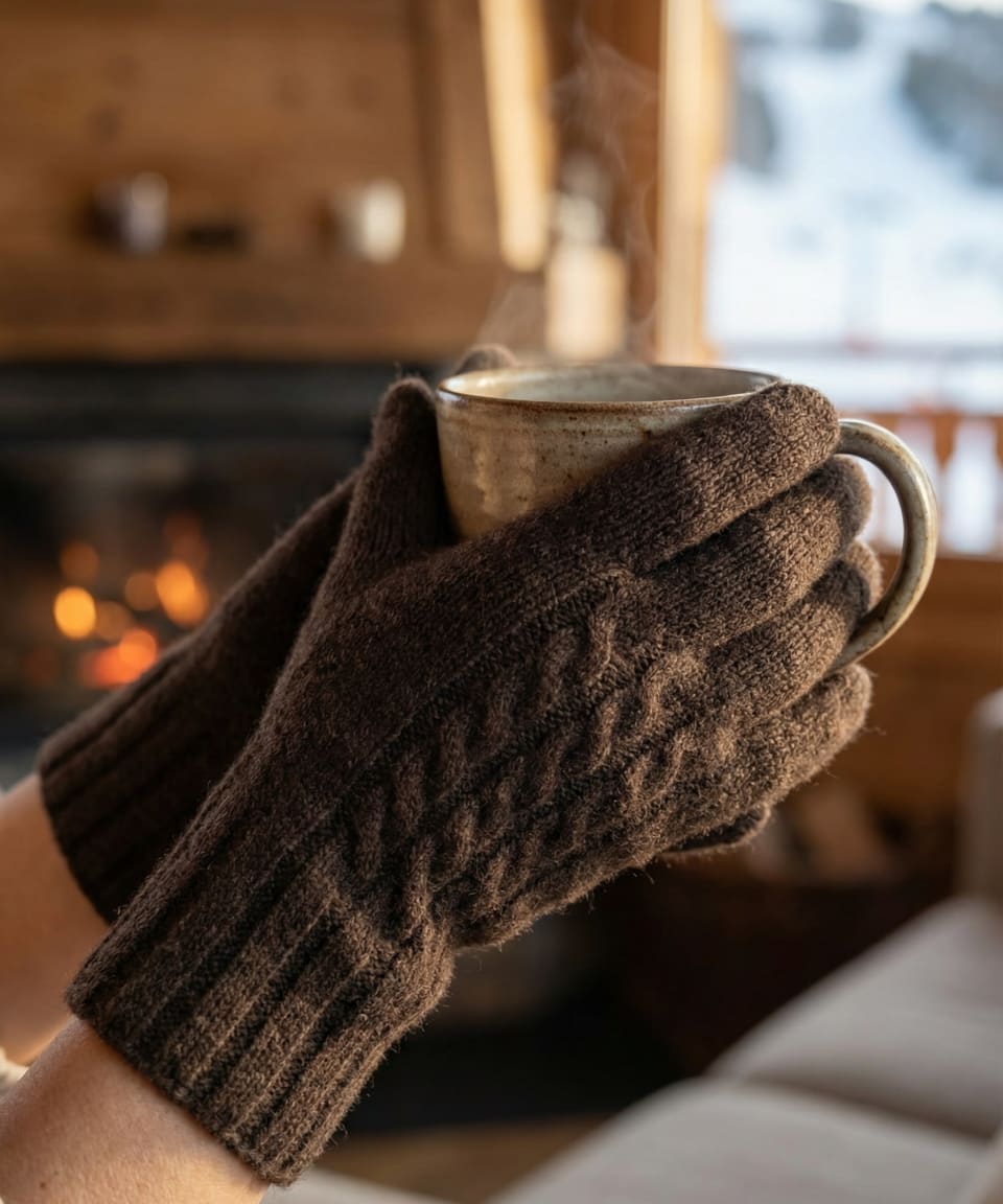 Dark brown yak wool gloves, close up indoors holding a mug