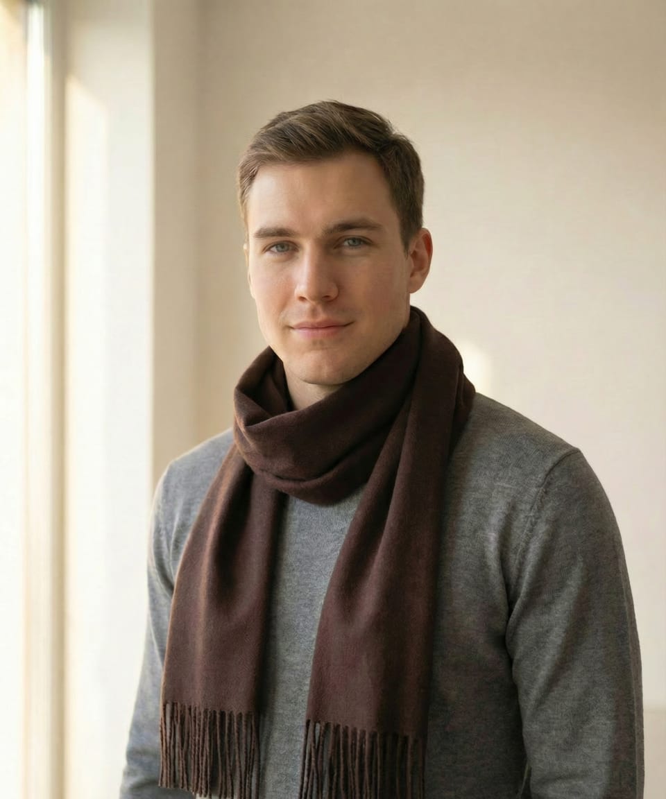 Man wearing a chocolate brown unisex cashmere scarf
