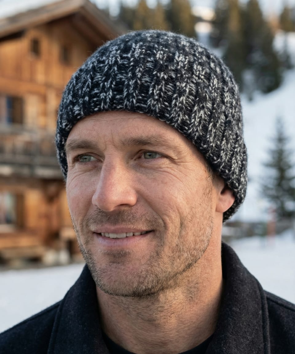 Front view of man outdoors wearing chunky ribbed yak wool hat in mottled black & white