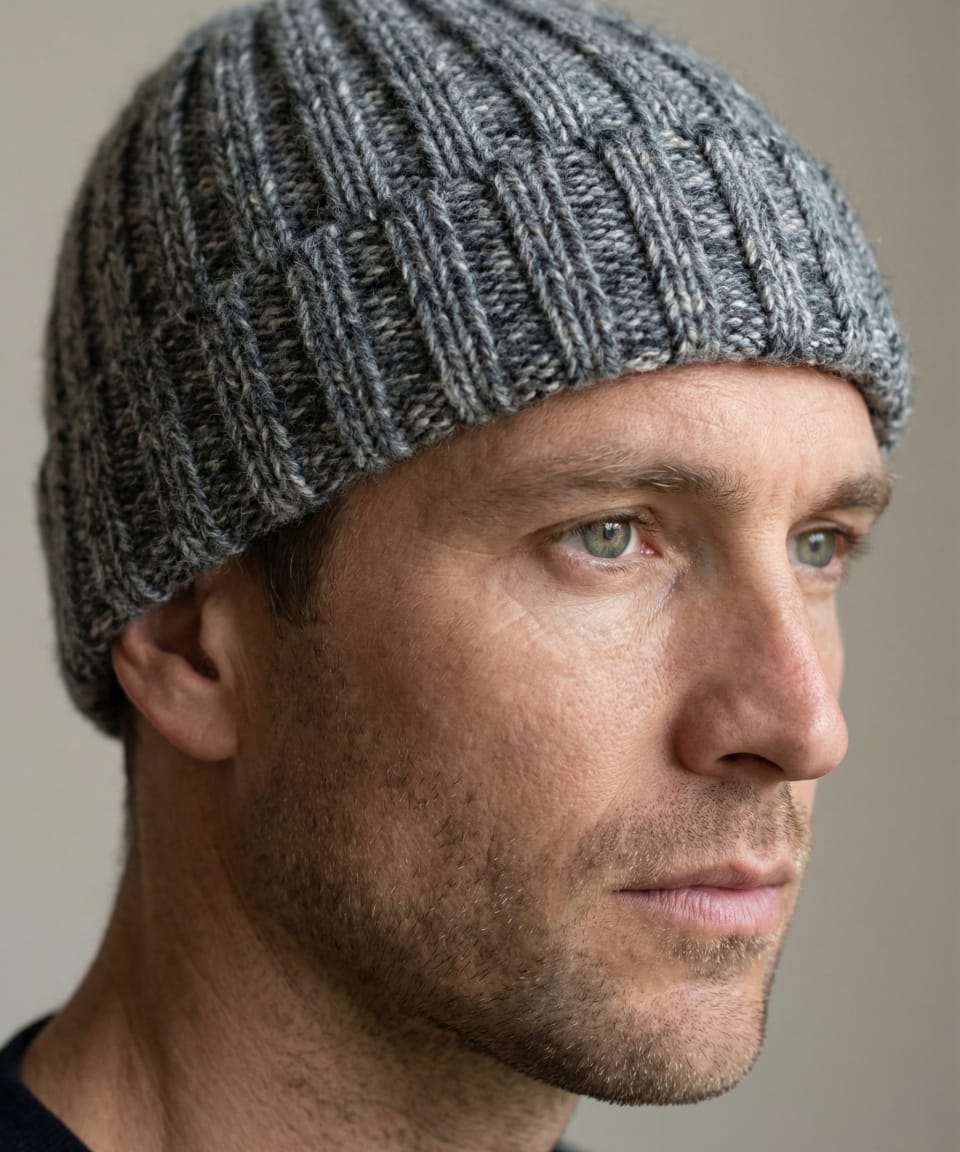 Front view of a man wearing chunky ribbed yak wool hat in mottled grey