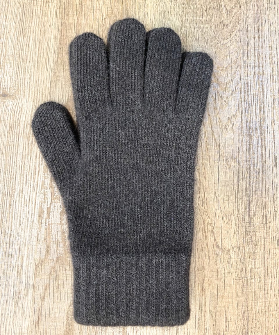 Dark brown yak wool gloves on neutral background, flat view