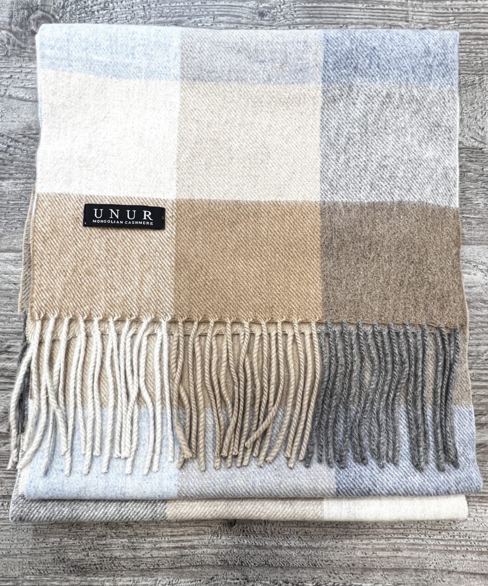 Lay-flat close up of check brown unisex woven cashmere scarf with tassles