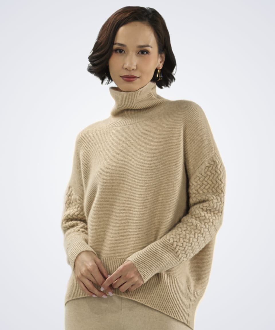 Front view of women's natural beige cashmere cable knit cardigan – Unur