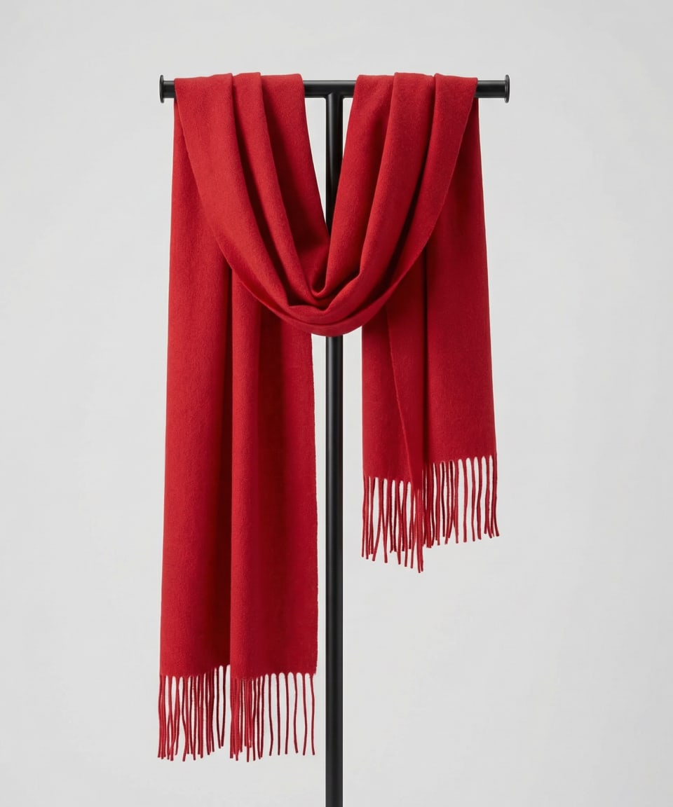 Red unisex woven cashmere scarf with tassels, draped flat