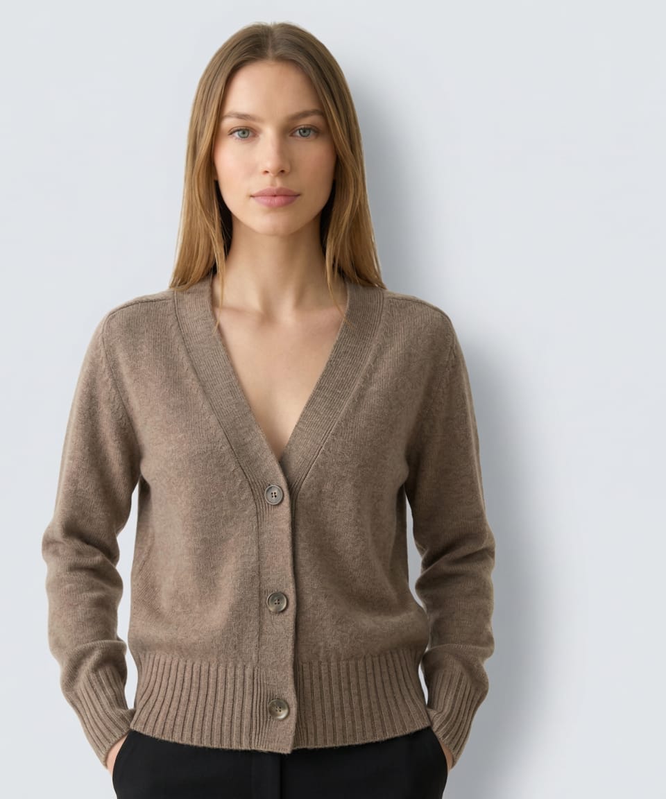 Unur women's cashmere classic buttoned cardigan in natural brown with ribbed detailing