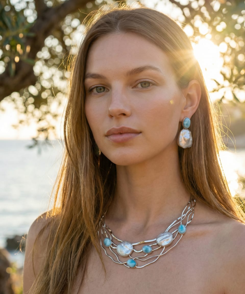 Signature keshi pearl statement collar necklace with larimar silver lattice