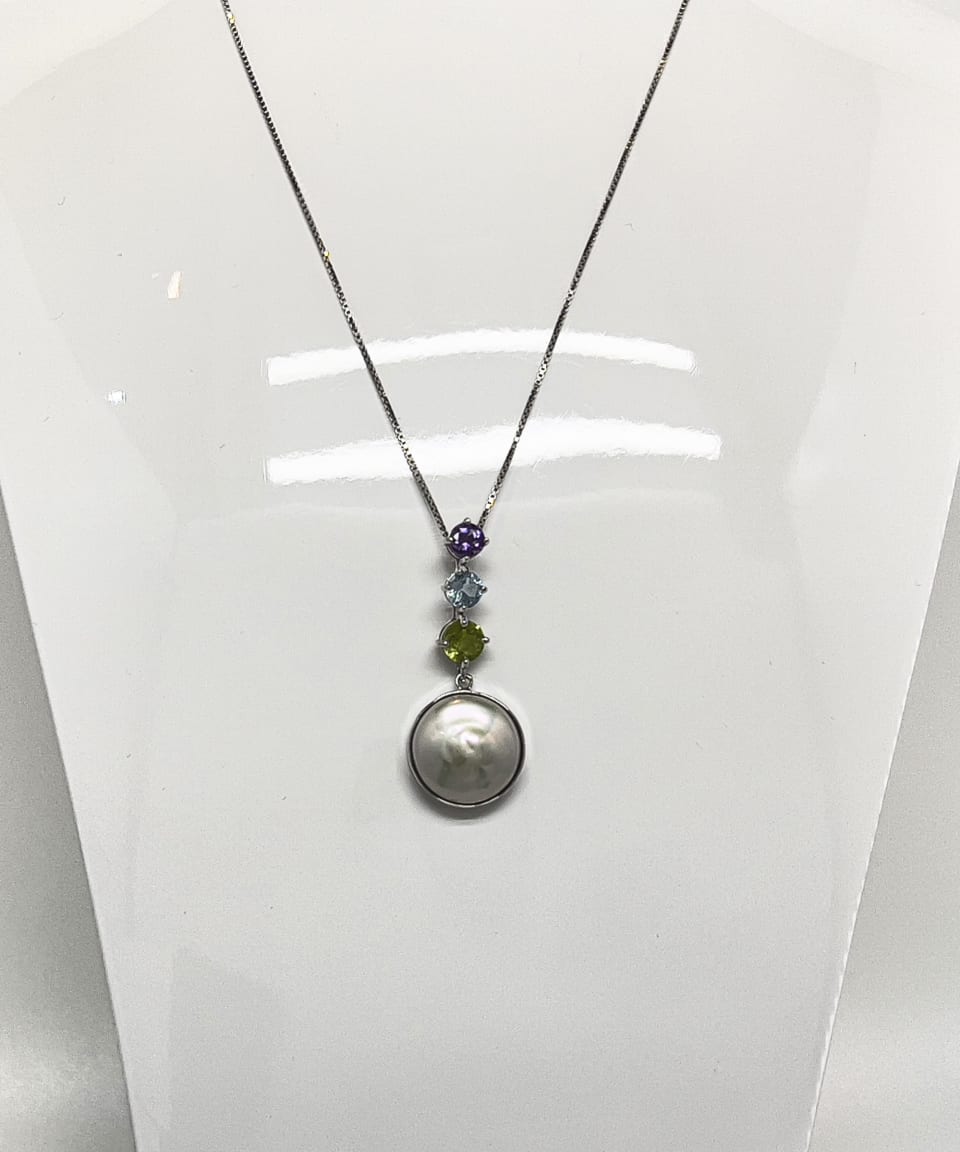 Classic keshi pearl statement chain necklace with amethyst and topaz