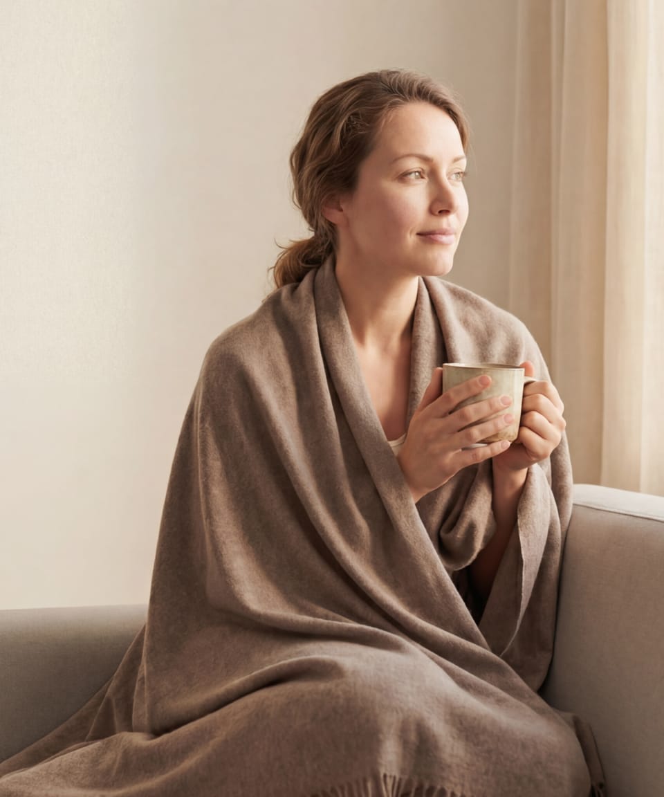 woman sitting on a sofa wrapped in a natural brown cashmere blanket