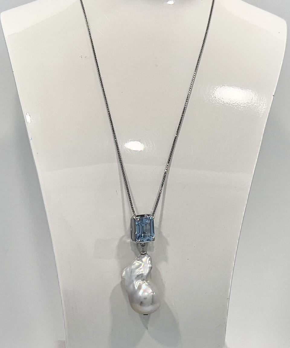 Signature baroque pearl and topaz pendant necklace on silver chain