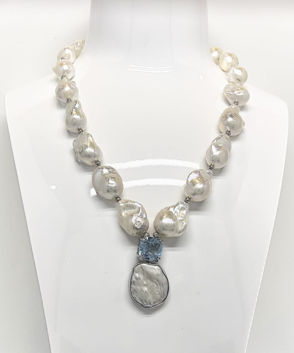 Signature baroque pearl statement necklace with keshi and topaz