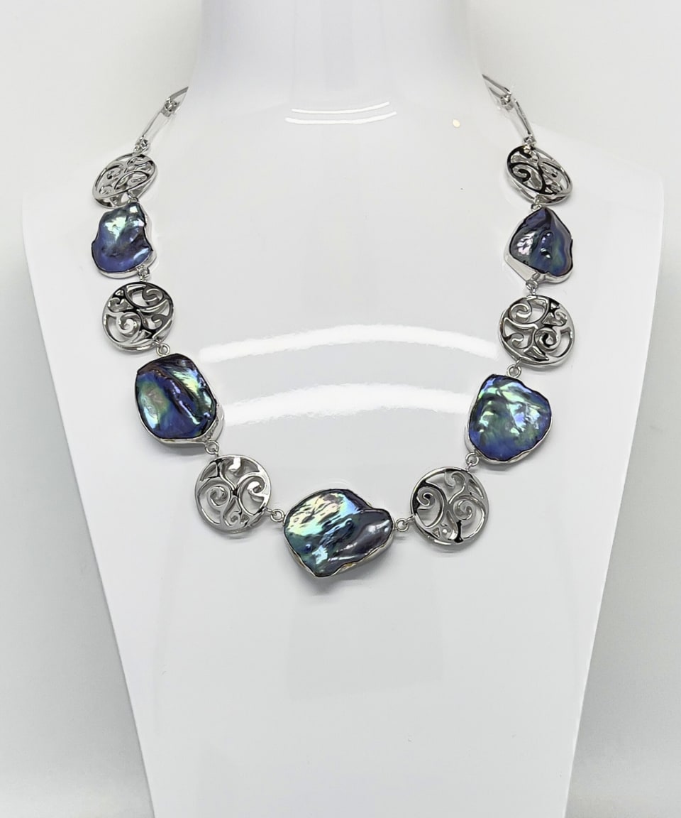 Signature dark keshi pearl statement chain necklace with silver charms