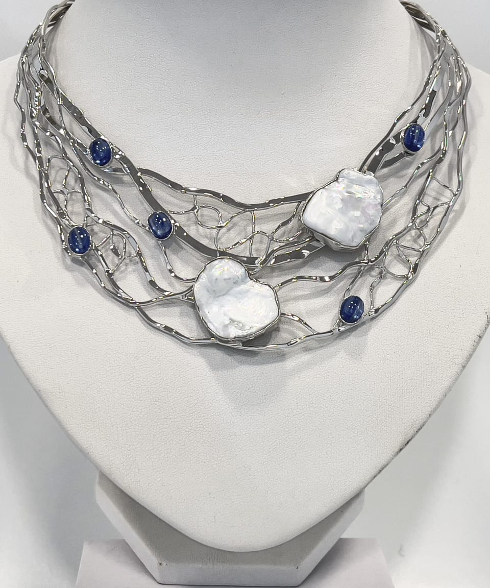 Signature keshi pearl and kyanite silver lattice torque collar necklace