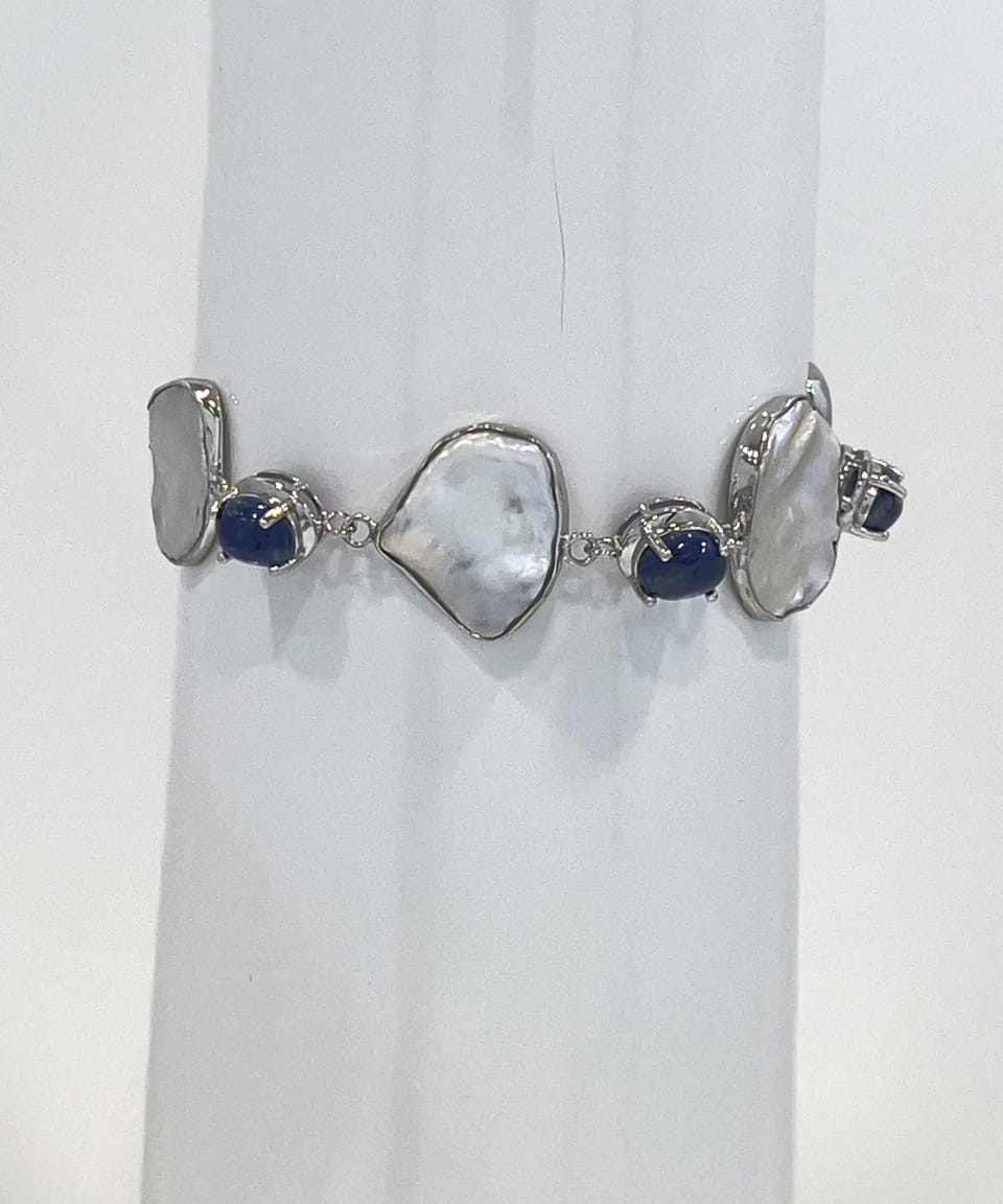Signature keshi pearl and kyanite statement chain bracelet in rhodium-plated sterling silver