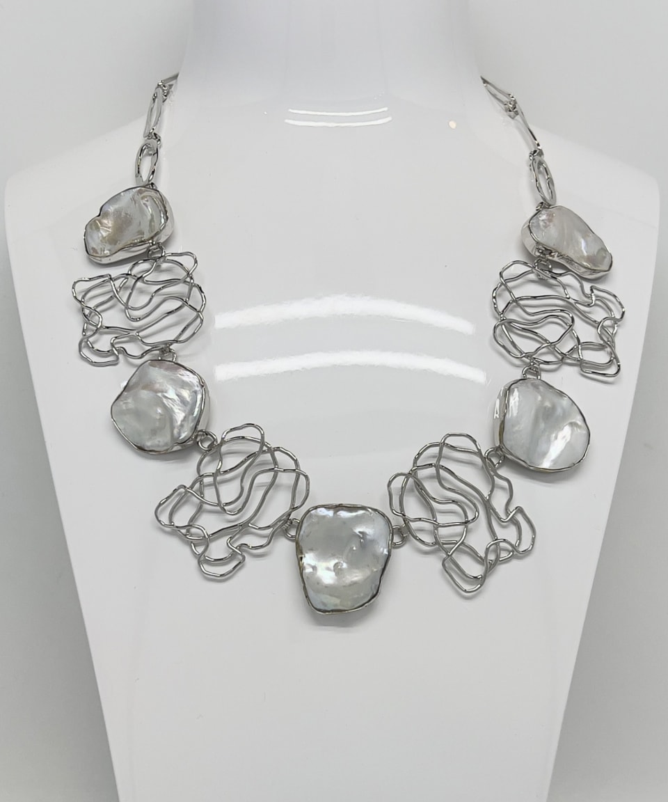 Signature keshi pearl statement chain necklace with silver lattice