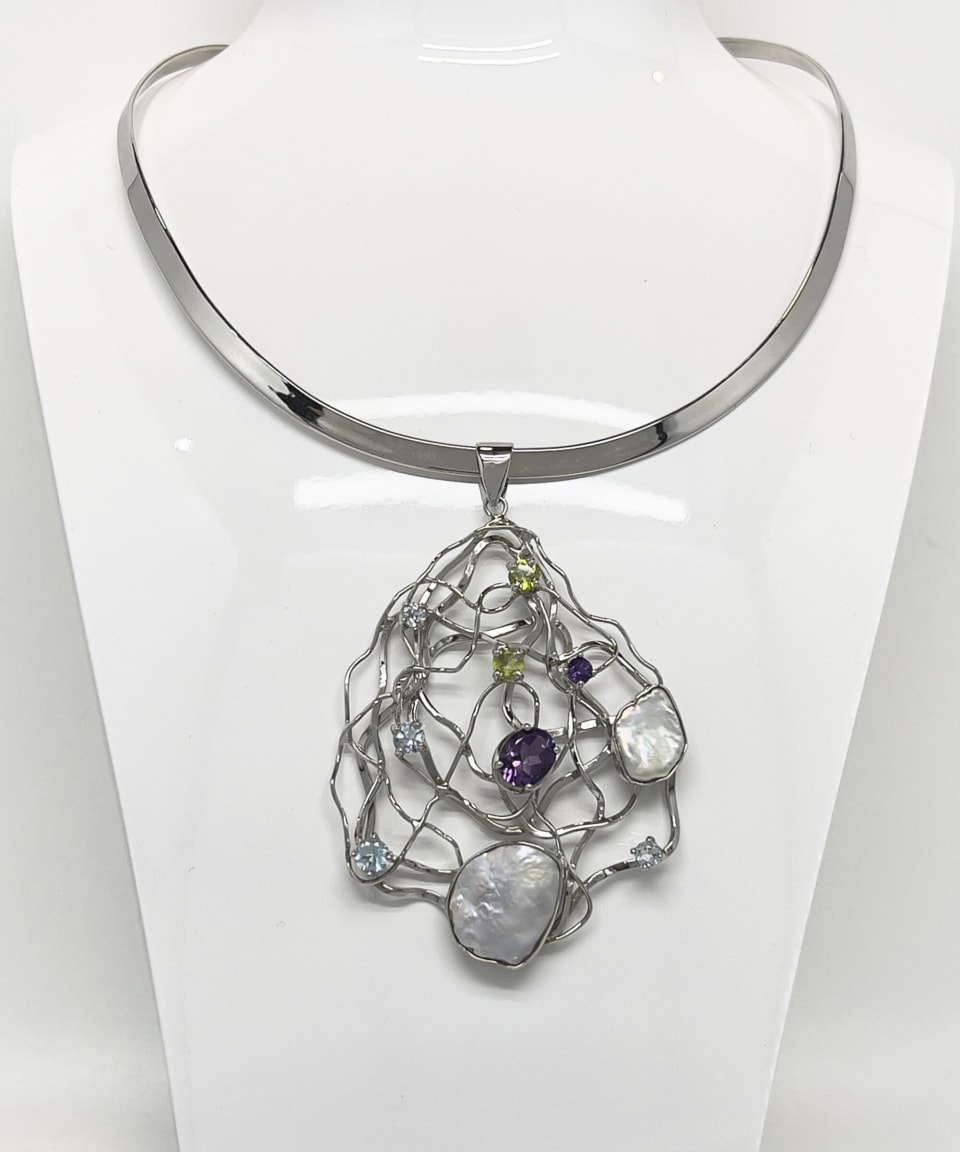Signature keshi pearl statement collar with silver and gems lattice pendant
