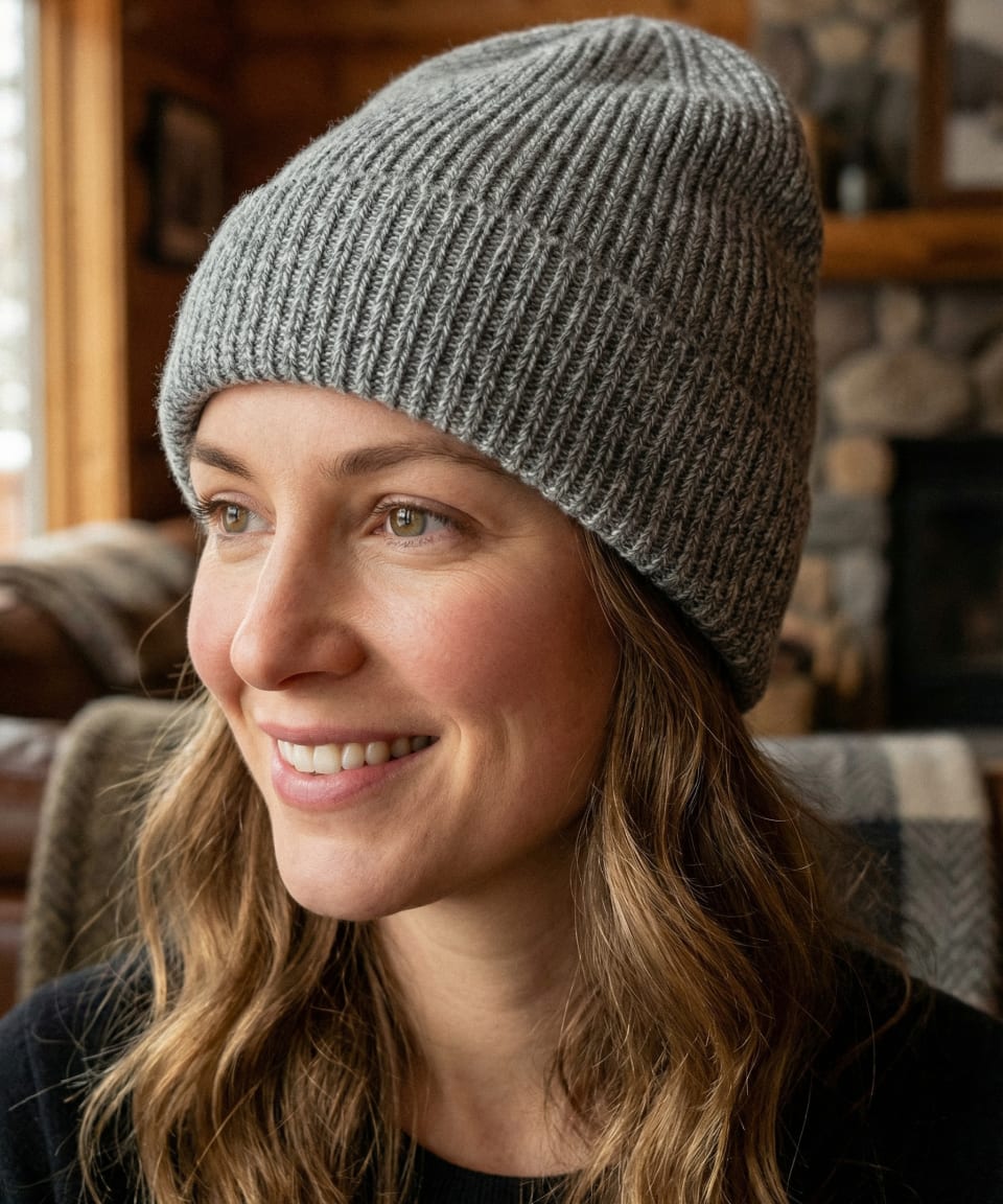 Woman wearing grey ribbed cashmere hat indoors, front view