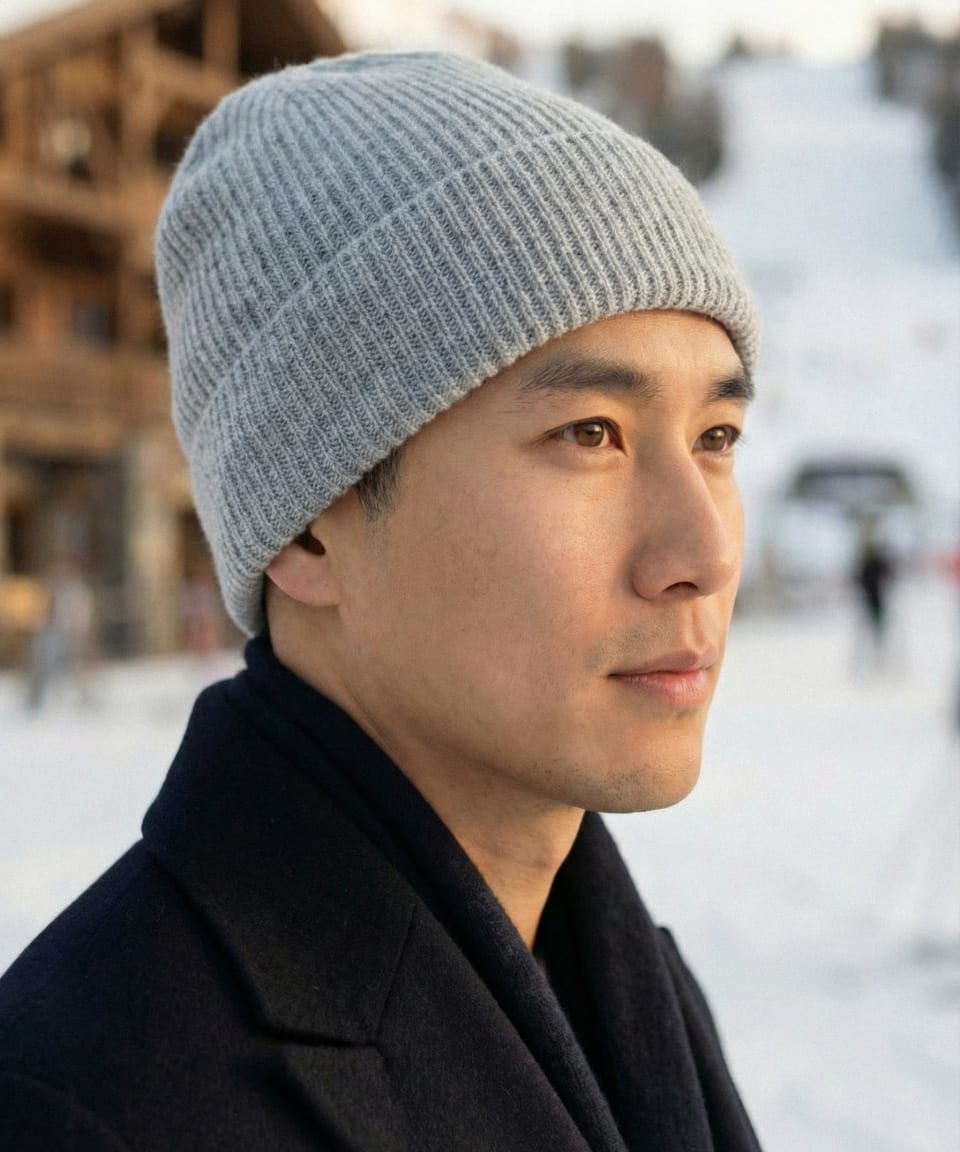 Man outdoors wearing light grey ribbed cashmere hat, front view