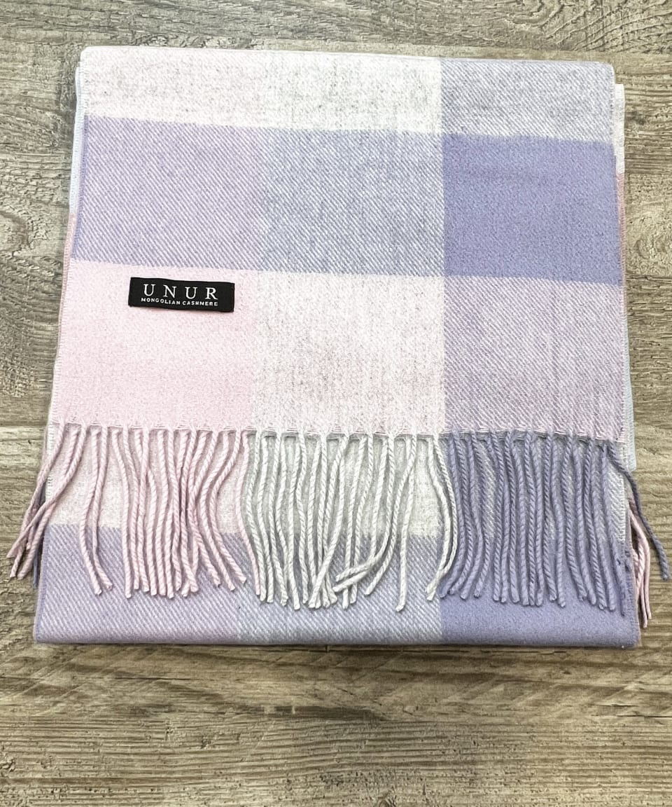 Lay-flat close up of check purple unisex woven cashmere scarf with tassles