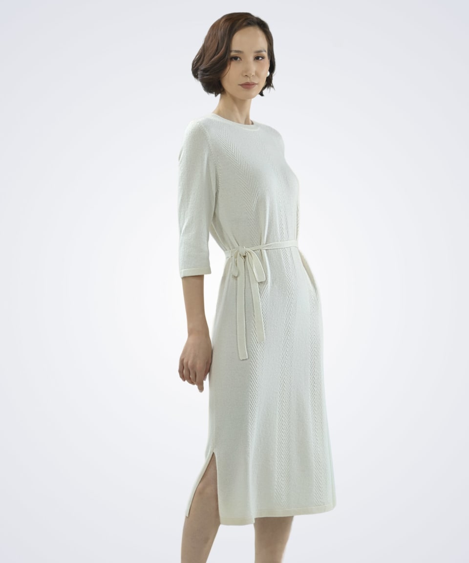Front view of women's white cashmere chevron pattern dress – Unur