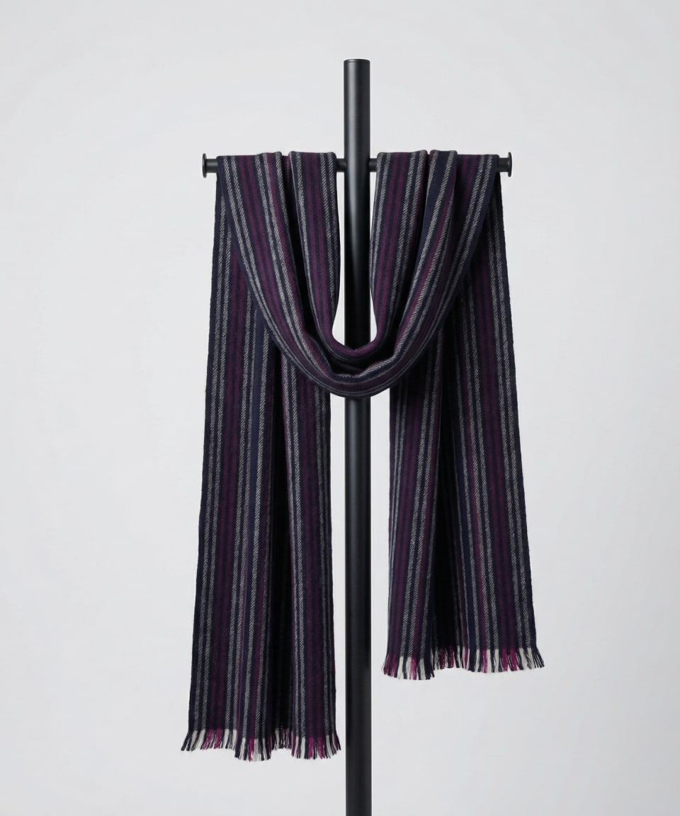 Men's cashmere pinstriped scarf on neutral background, draped on a hanger