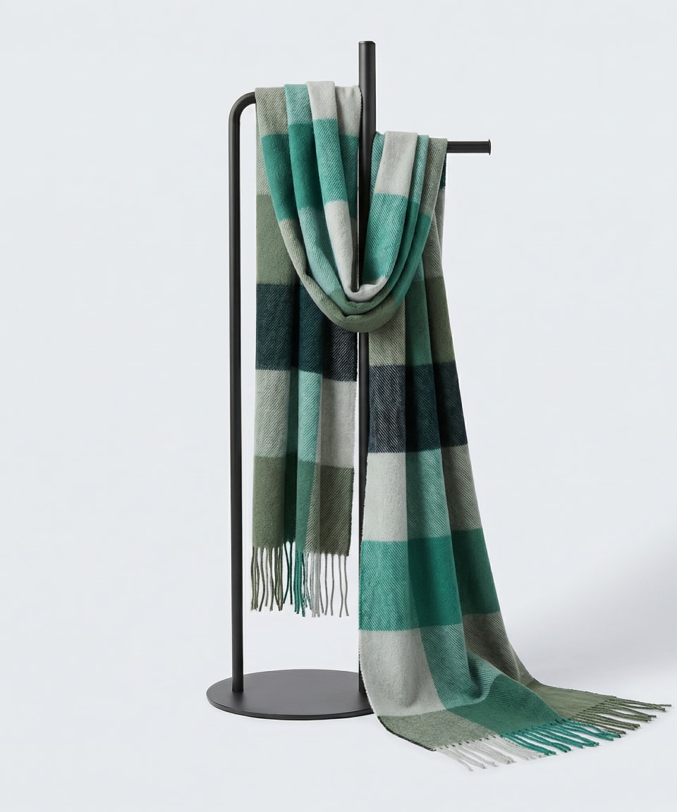 Sage, green and cream check cashmere scarf with tasselled ends, draped over a stand