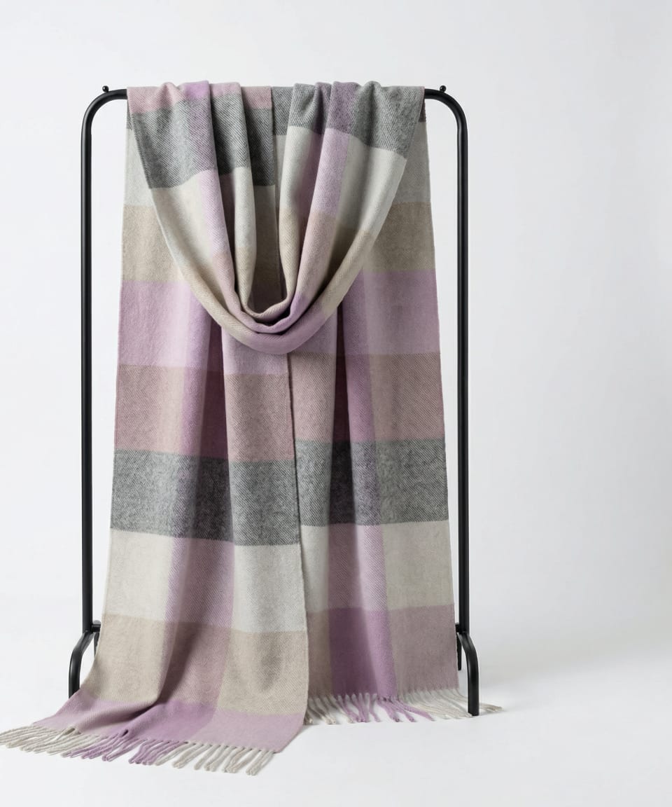 Unisex woven cashmere scarf in check pink, draped over a hanger