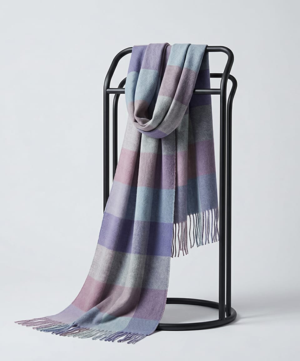 Purple, blue and grey check Mongolian cashmere scarf with tassel fringe, draped on a black studio stand