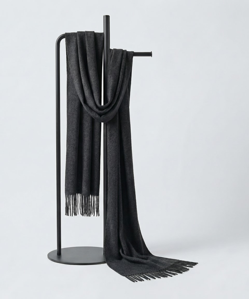 Unisex woven cashmere scarf in dark grey with tassel fringe, draped over a metal hanger
