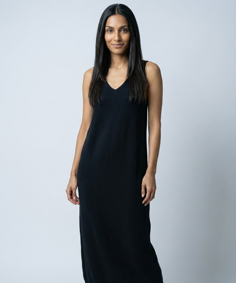 Front view of women's black cashmere V-neck midi dress – Unur