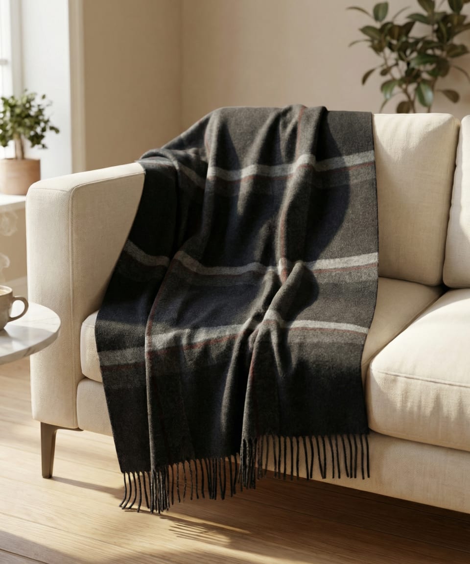 charcoal cashmere blanket with plaid stripes and hand-tied tassels
