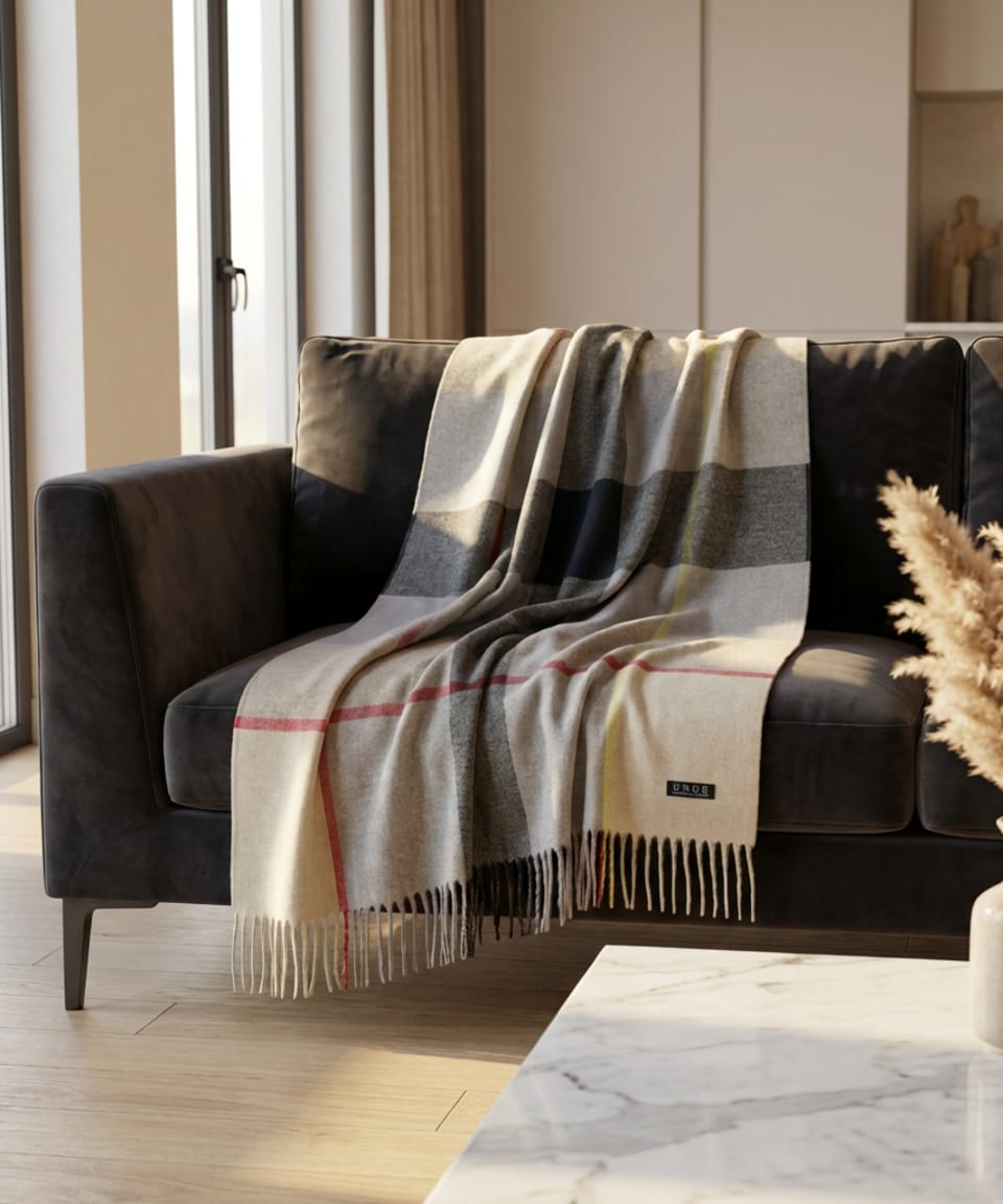 checked plaid Mongolian cashmere blanket with hand-tied tassels, draped over a sofa