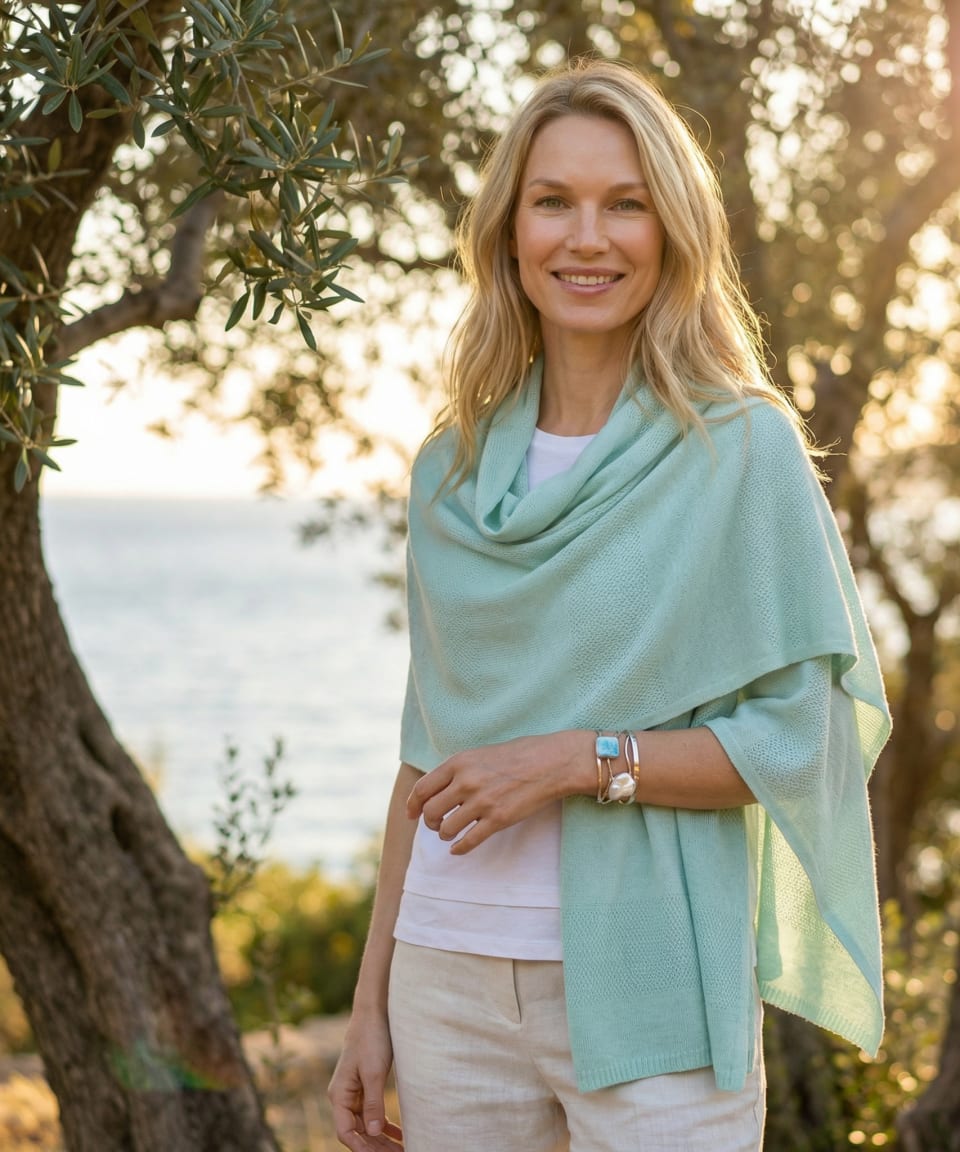 A lifestyle image of a model wearing a stack of silver-toned bangles, including one with a large white keshi pearl and another with a square light blue larimar stone. The jewellery is worn with a mint green cashmere wrap against a soft-focus background of coastal olive trees at sunset.